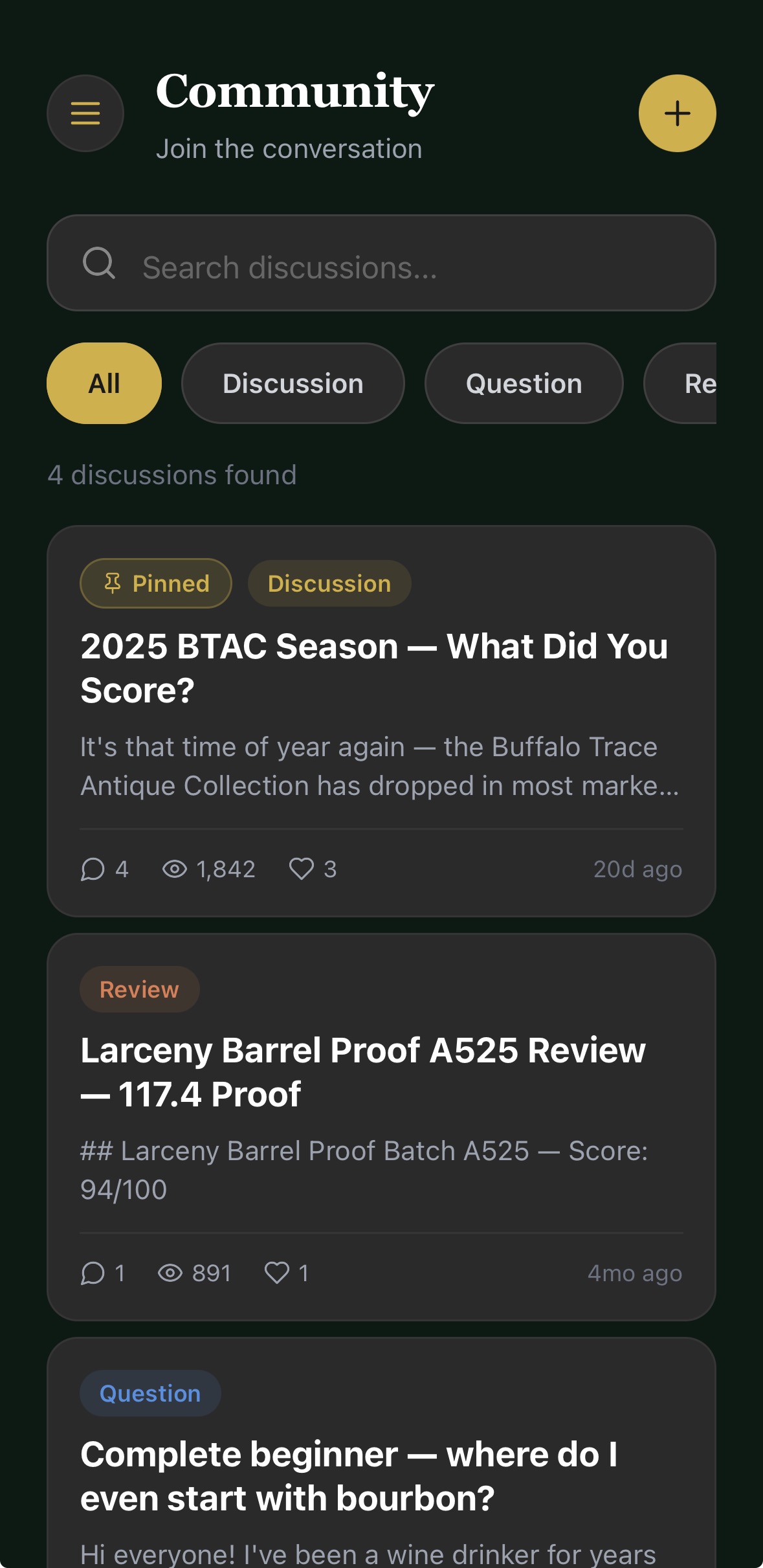 The Discussions screen showing community threads