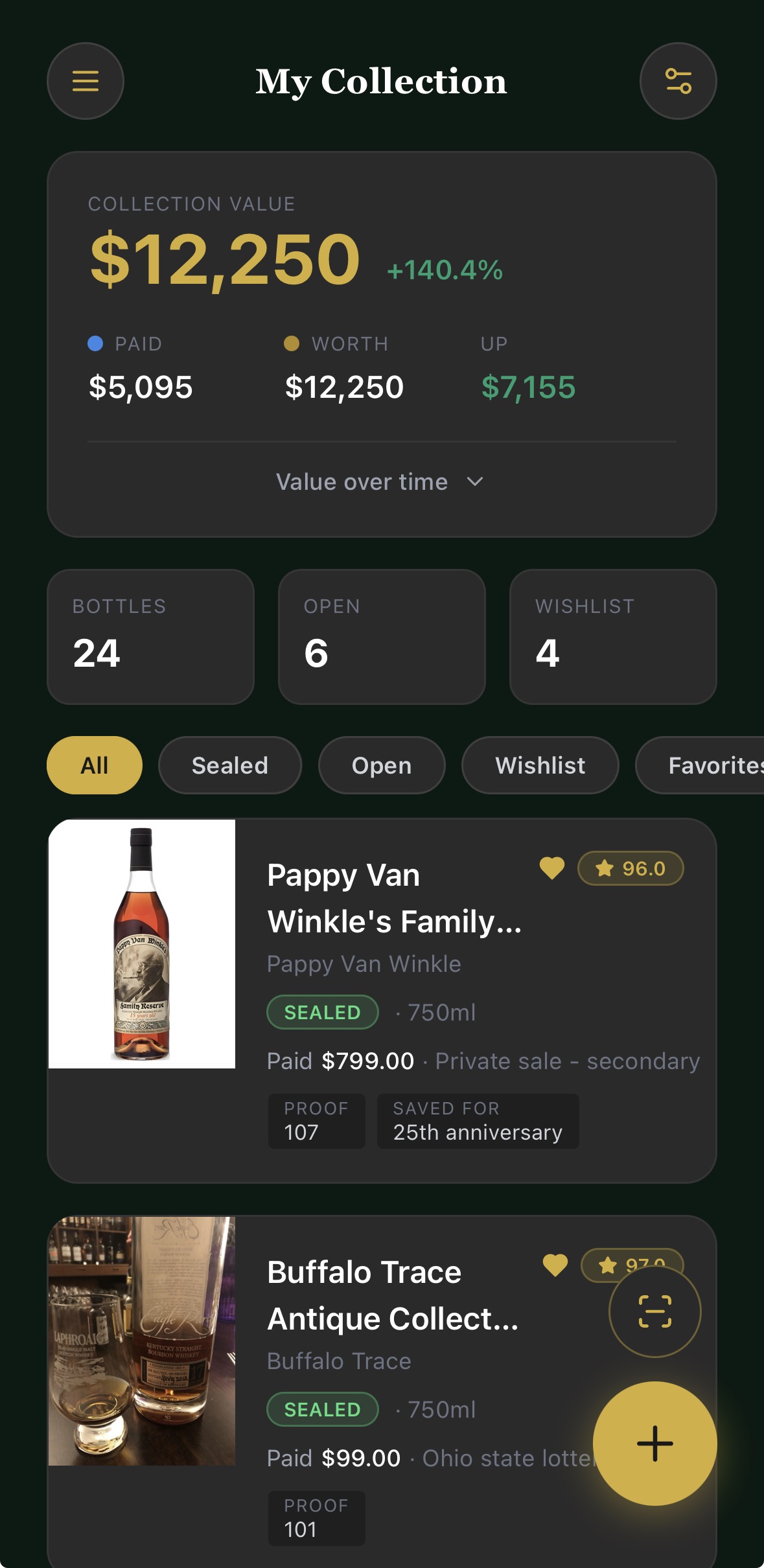The My Collection screen listing sealed, open and wishlist bottles